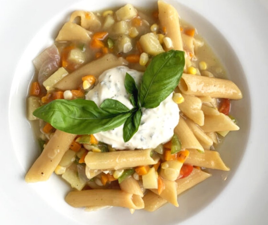 One Pot Vegetarian Pasta Primavera with a Greek Yogurt Herb Sauce